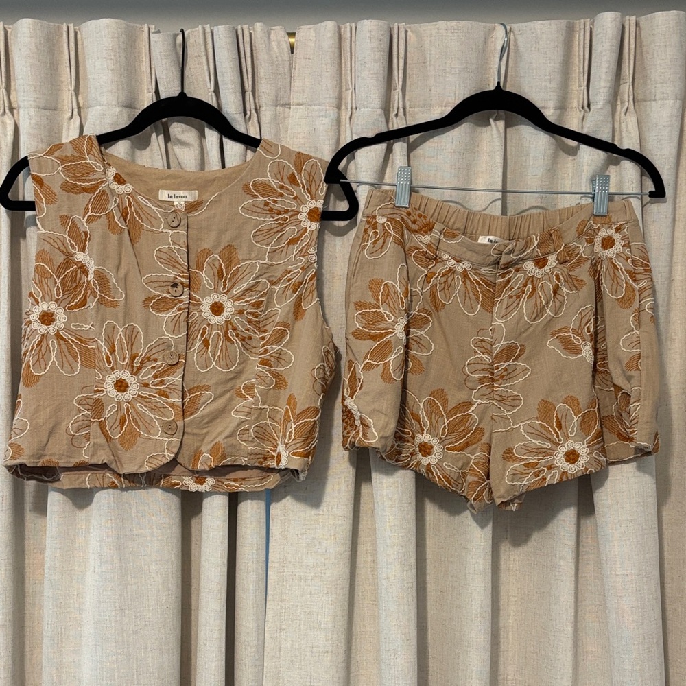 Two-Piece Embroidered Floral Beige Set